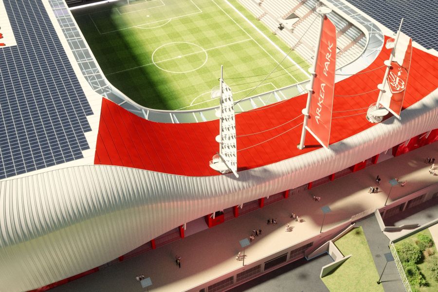 vue sur les gradins de l'arkea park en hauteur