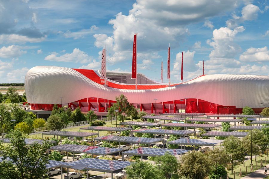 silhouette du nouveau stade brestois avec les panneaux solaires